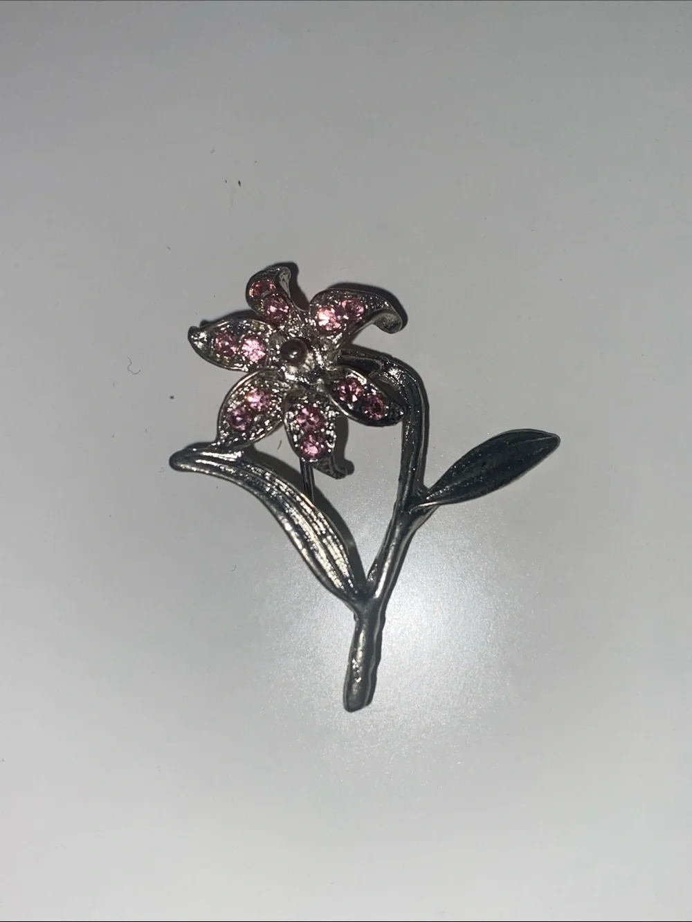 Delicate Pink Crystal Floral Brooch - Silver Tone